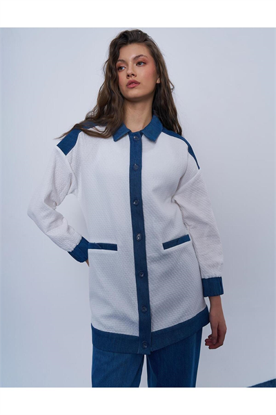 Kayra Denim Garnili Gofreli Ceket Ekru