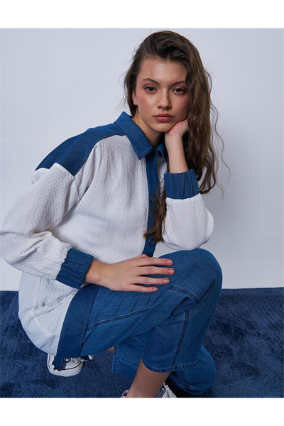 Kayra Denim Garnili Gofreli Ceket Ekru