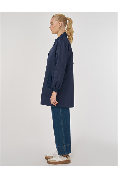 Kayra Denim Garnili Kısa Trençkot Lacivert