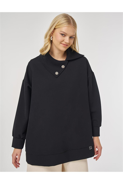 Kayra Düğme Detaylı Viskon Sweatshirt Siyah