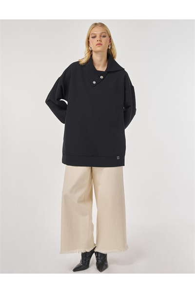 Kayra Düğme Detaylı Viskon Sweatshirt Siyah