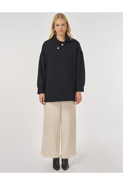 Kayra Düğme Detaylı Viskon Sweatshirt Siyah