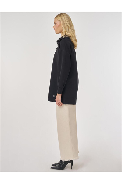 Kayra Düğme Detaylı Viskon Sweatshirt Siyah