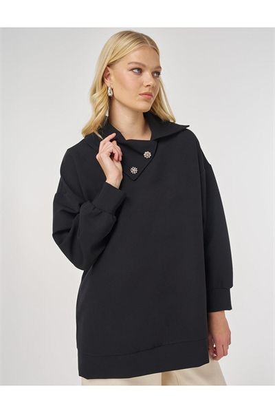 Kayra Düğme Detaylı Viskon Sweatshirt Siyah