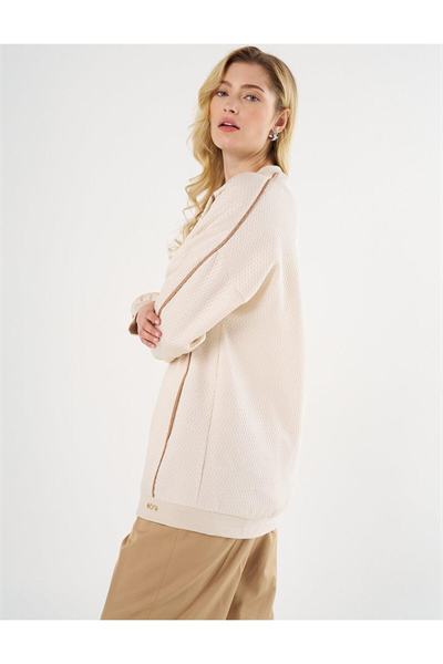 Kayra Düşük Omuz Gofreli Sweatshirt Krem
