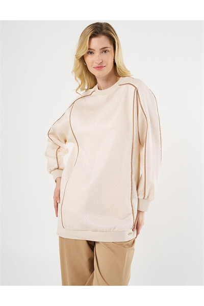 Kayra Düşük Omuz Gofreli Sweatshirt Krem