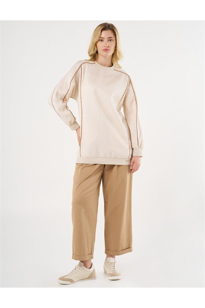 Kayra Düşük Omuz Gofreli Sweatshirt Krem