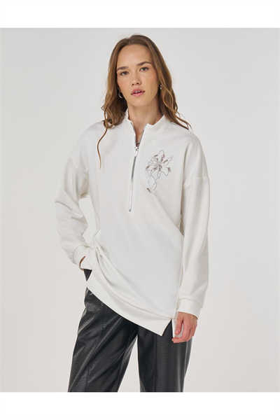 Kayra Hotfix Baskılı Üç İplik Sweatshirt Ekru