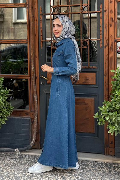 Kayra Kemer Detaylı Denim Elbise İndigo