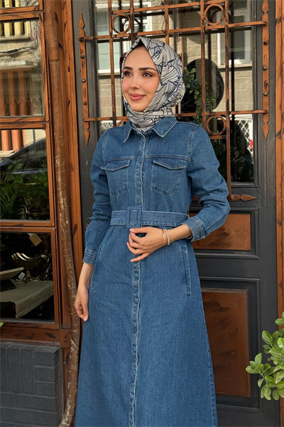Kayra Kemer Detaylı Denim Elbise İndigo