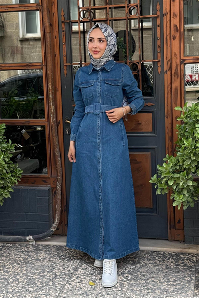 Kayra Kemer Detaylı Denim Elbise İndigo