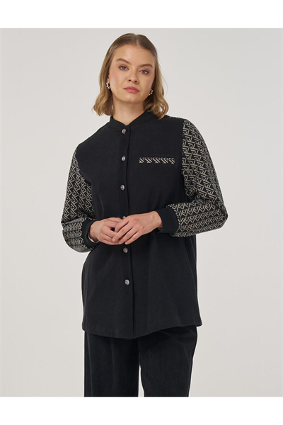 Kayra Monogram Garnili Kolej Yaka Ceket Siyah