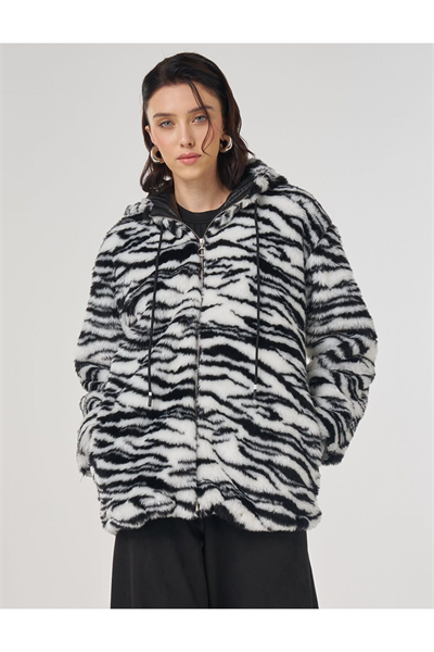 Kayra Zebra Desen Peluş Ceket Siyah