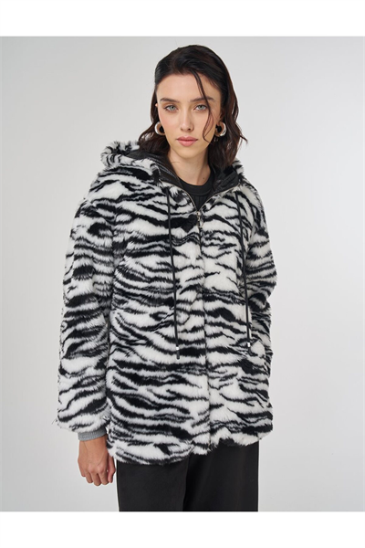 Kayra Zebra Desen Peluş Ceket Siyah