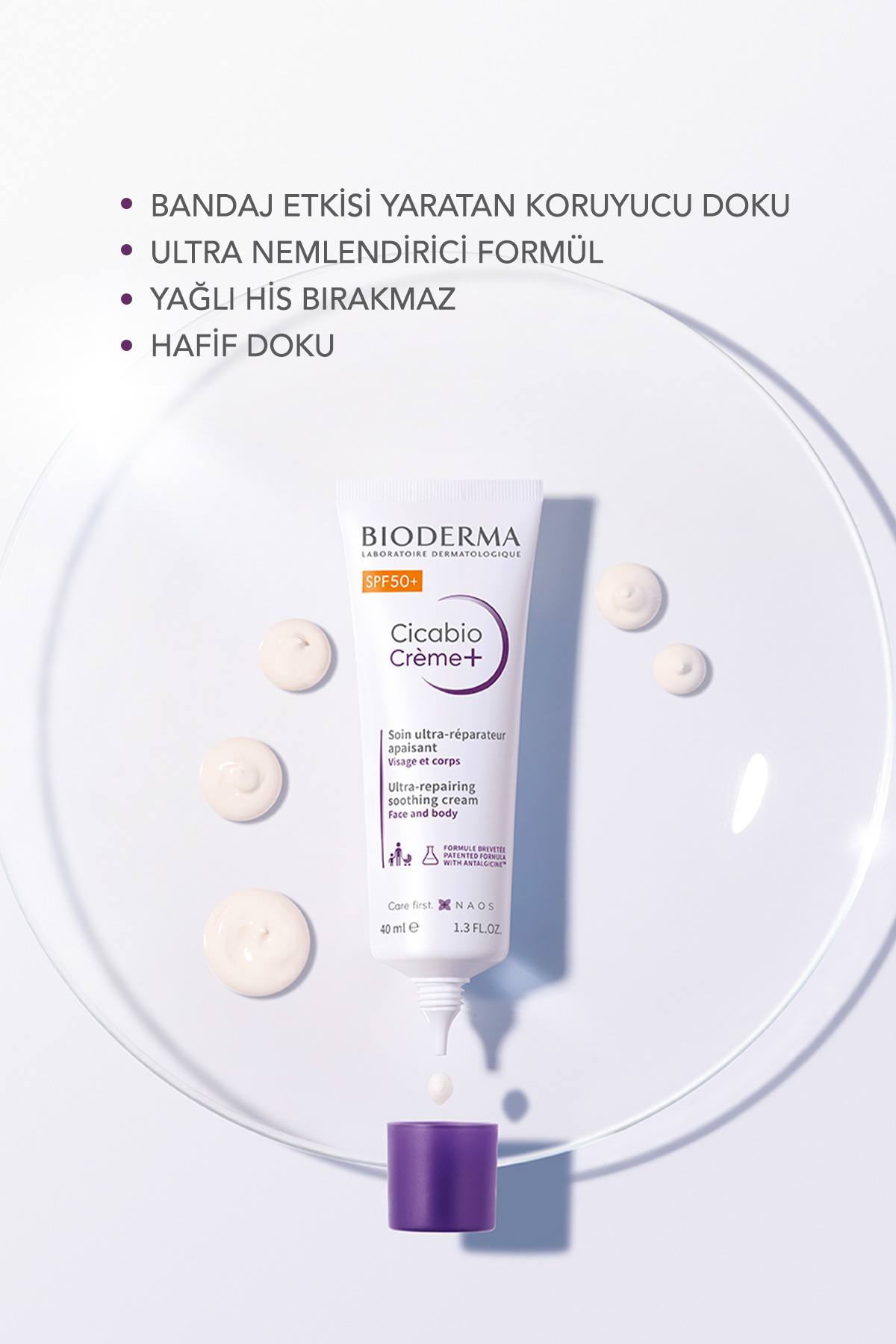 Bioderma Cicabio Cream+ SPF 50+ Güneş Korumalı, Onarıcı Bakım Kremi, Yüz ve Vücut 30 ml