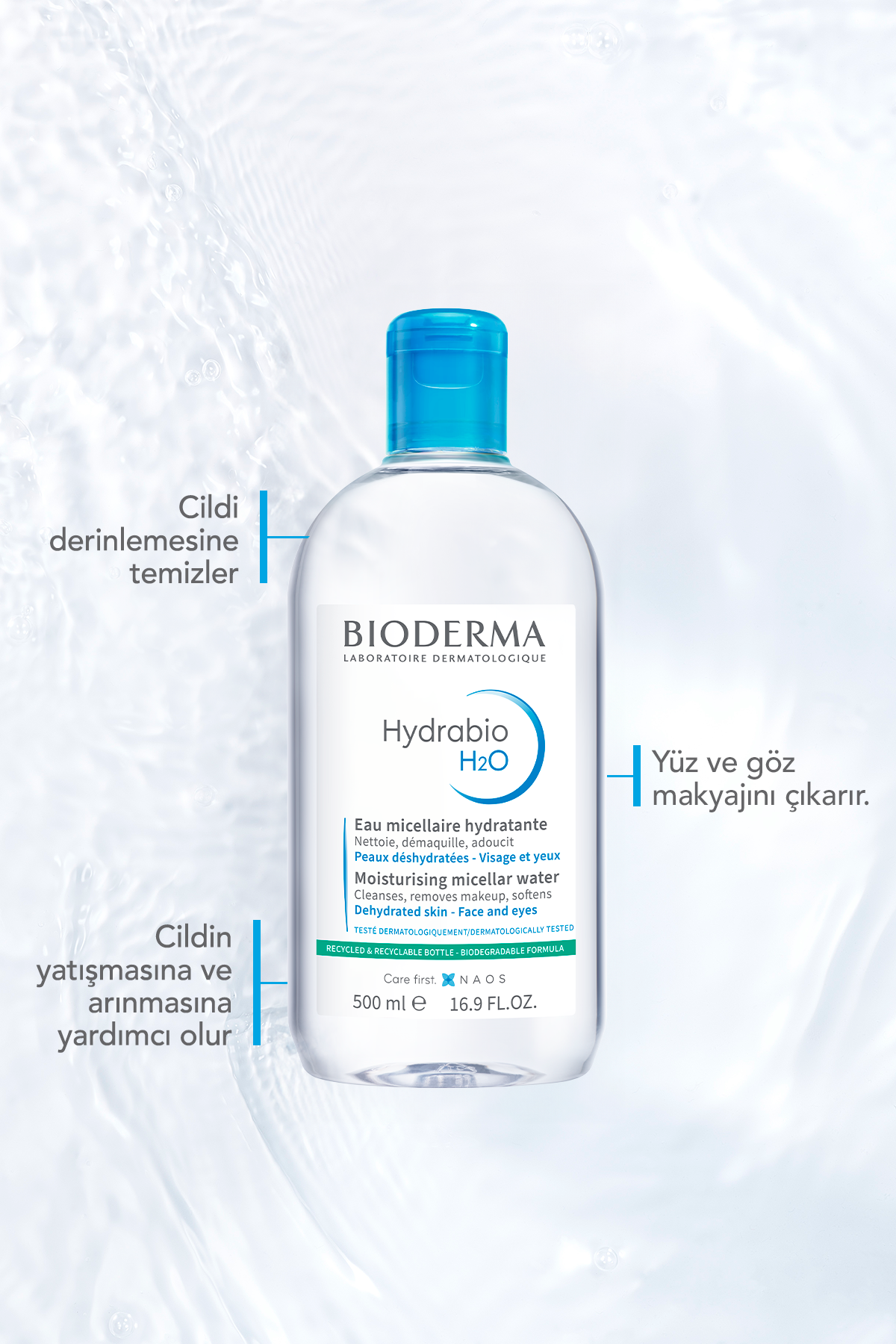 Bioderma Hydrabio H2O Kuru Cilt Yüz & Göz Çevresi Nemlendirici Micellar Su 500 ml