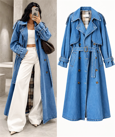 Premium Kuşaklı Denim Trençkot – Mavi