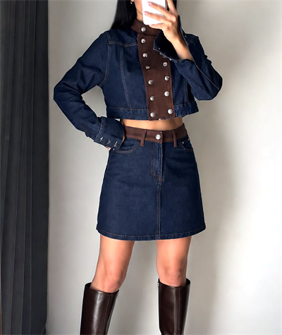 Süet Detaylı Denim Takım
