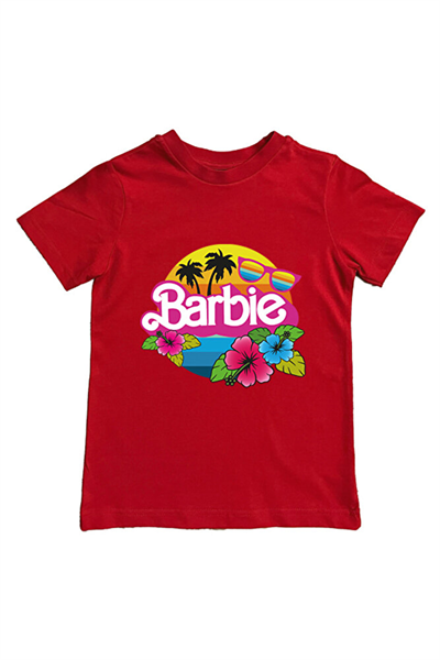 Barbie baskılı pamuklu penye kumaş yazlık çocuk tişört