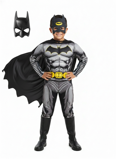 Batman Kaslı Çocuk Kostümü 2 Maskeli Siyah Pelerinli Maskeli Süper kahraman Kaslı Kostümü