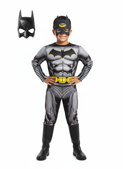 Batman Kaslı Çocuk Kostümü 2 Maskeli Siyah Pelerinli Maskeli Süper kahraman Kaslı Kostümü