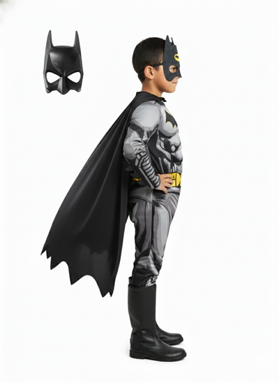 Batman Kaslı Çocuk Kostümü 2 Maskeli Siyah Pelerinli Maskeli Süper kahraman Kaslı Kostümü