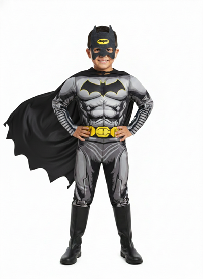 Batman Kaslı Çocuk Kostümü Yeni Sezon Siyah Pelerinli Maskeli Süper kahraman Kaslı Kostümü