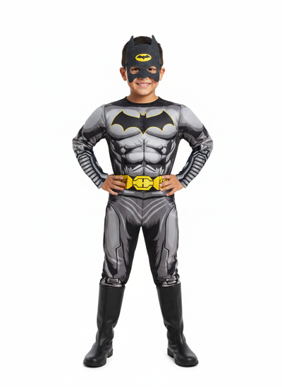 Batman Kaslı Çocuk Siyah Pelerinli Maskeli Yarasa Adam Kaslı Kostümü
