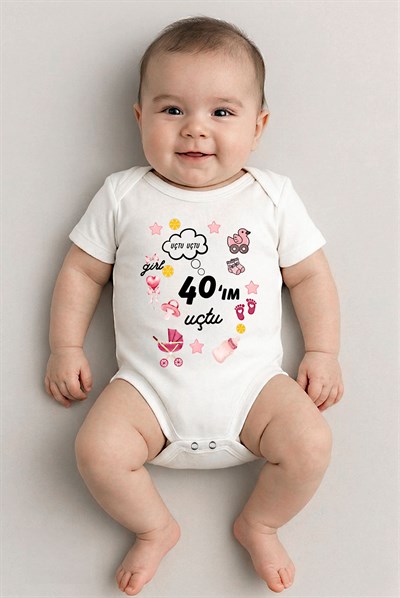 Beyaz kısa kol 40ım uçtu temalı baskılı Bebek Zıbın Bisiklet Yaka Unisex Body %100 Pamuk