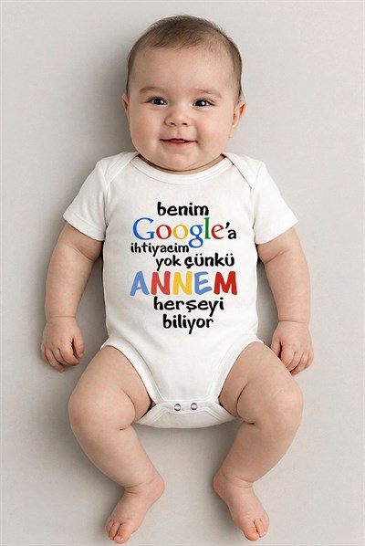 Beyaz kısa kol annem herşeyi biliyor temalı baskılı Bebek Zıbın Bisiklet Yaka Unisex Body %100 Pamuk