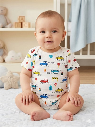 Beyaz Kısa Kol Araba baskılı Bebek Zıbın  Bisiklet Yaka Unisex Body  %100 Pamuk