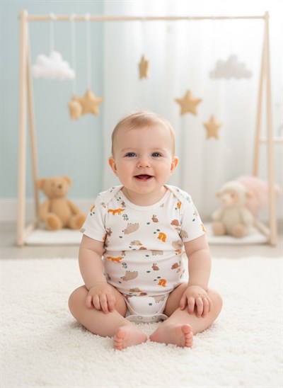 Beyaz Kısa Kol ayı baskılı Bebek Zıbın Bisiklet Yaka Unisex Body %100 Pamuk