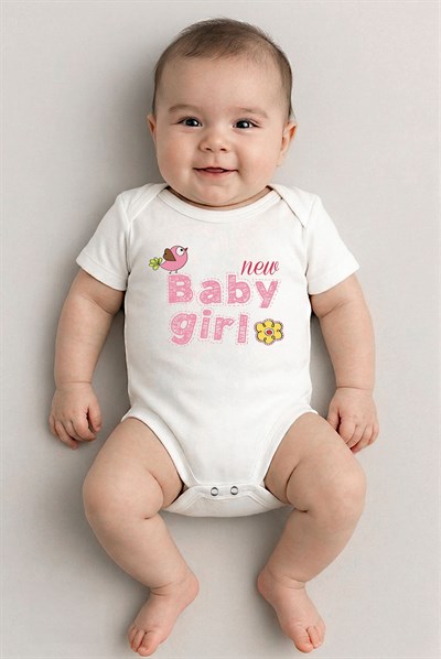Beyaz kısa kol Baby Girl temalı baskılı Bebek Zıbın Bisiklet Yaka Unisex Body %100 Pamuk