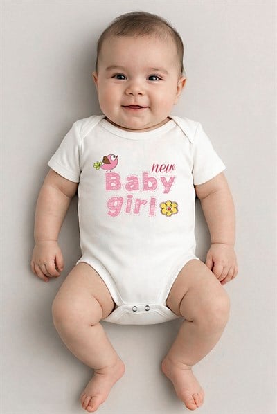 Beyaz kısa kol Baby Girl temalı baskılı Bebek Zıbın Bisiklet Yaka Unisex Body %100 Pamuk