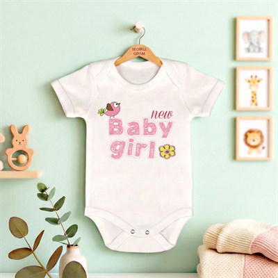 Beyaz kısa kol Baby Girl temalı baskılı Bebek Zıbın Bisiklet Yaka Unisex Body %100 Pamuk