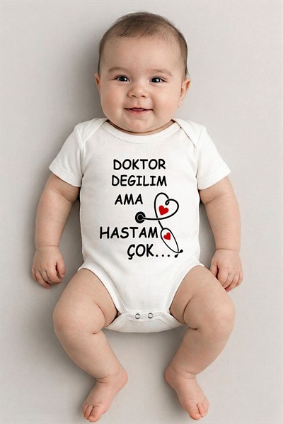 Beyaz kısa kol Doktor değilim ama hastam çok  temalı baskılı Bebek Zıbın Bisiklet Yaka Unisex Body %100 Pamuk