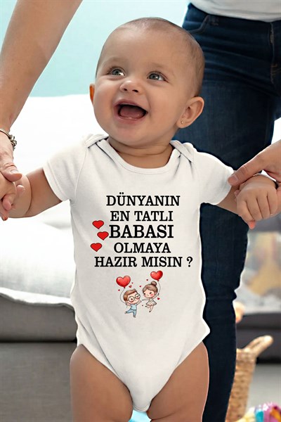 Beyaz kısa kol Dünyanın en tatlı babası olmaya hazırmısın temalı baskılı Bebek Zıbın Bisiklet Yaka Unisex Body %100 Pamuk