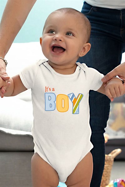Beyaz kısa kol ıts a Boy temalı baskılı Bebek Zıbın Bisiklet Yaka Unisex Body %100 Pamuk