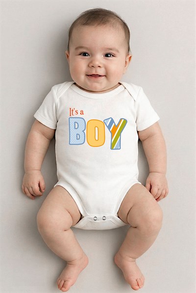Beyaz kısa kol ıts a Boy temalı baskılı Bebek Zıbın Bisiklet Yaka Unisex Body %100 Pamuk