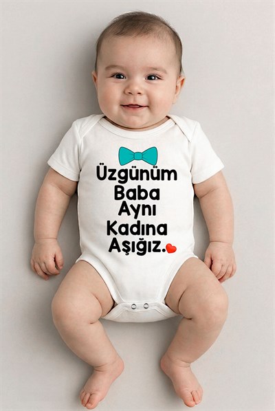Beyaz kısa kol üzgünüm baba aynı kadına aşığız temalı baskılı Bebek Zıbın Bisiklet Yaka Unisex Body %100 Pamuk