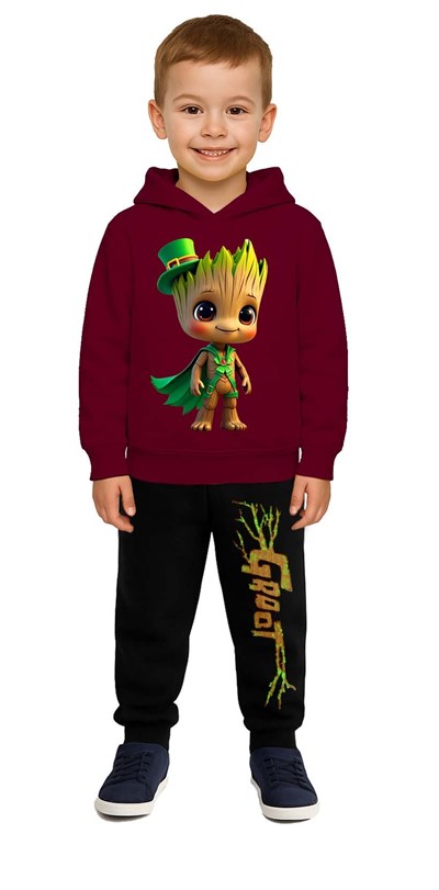 Groot  Baskılı Çocuk Eşofman Takımı 3 İplik Şardonlu Pamuklu Kumaş Kapüşonlu