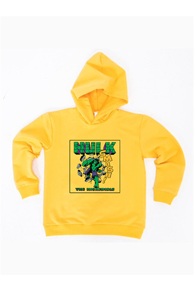 Hulk baskılı kapüşonlu pamuklu kumaş çocuk sweatshirt