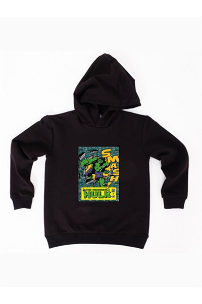 Hulk baskılı kapüşonlu pamuklu kumaş çocuk sweatshirt