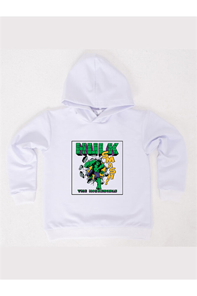 Hulk baskılı kapüşonlu pamuklu kumaş çocuk sweatshirt