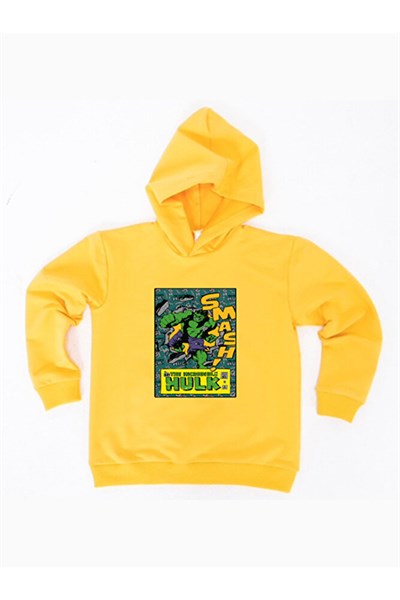 Hulk baskılı kapüşonlu pamuklu kumaş çocuk sweatshirt