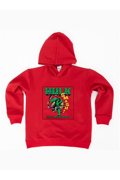 Hulk baskılı kapüşonlu pamuklu kumaş çocuk sweatshirt