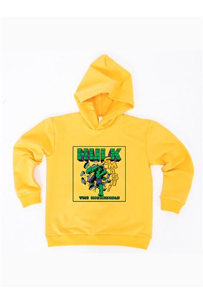 Hulk baskılı kapüşonlu pamuklu kumaş çocuk sweatshirt