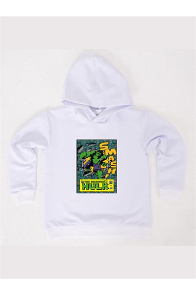 Hulk baskılı kapüşonlu pamuklu kumaş çocuk sweatshirt