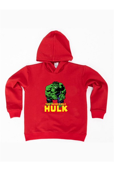 Hulk baskılı kapüşonlu pamuklu kumaş çocuk sweatshirt
