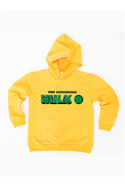 Hulk Baskılı Kapüşonlu Pamuklu Kumaş Çocuk Sweatshirt